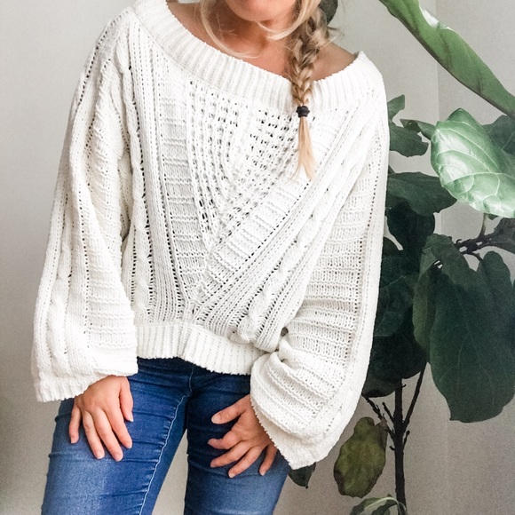 Express Sweaters - Express Cable Knit Balloon Sleeve White Sweater